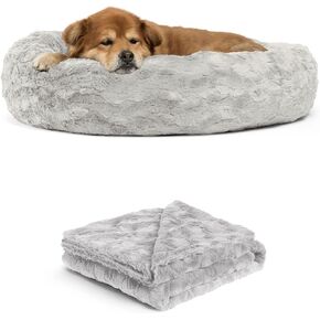 مجموعة Best Friends by Sheri Bundle Set سرير القطط والكلاب الأصلي Calming Lux Donut Cuddler + بطانية رمي الحيوانات الأليفة رمادي متوسط ​​30 بوصة in Kuwait