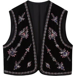 Yimoon Women's Vintage Embroidered Vest Velvet Floral Boho Open Front Cropped Cardigan Vests