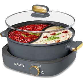 Dezin Hot Pot Electric with Divider, 4L Electric Shabu Shabu with Dual-Flavor Pot,3.7" Depth Nonstick Dual Side Electric Pot with Multi-Power Control for Party, Family and Friend Gathering