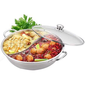 Stainless Steel Shabu Shabu Hot Pot Pot with Divider for Induction Cooktop Gas Stove (30cm, With Cover)