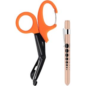 ضوء قلم للممرضات والمقص الطبي، مصابيح LED مع مقياس للتلميذ، مقص ضمادة 7.5 بوصة مقص EMT مع حلقة تسلق للطبيب والممرضات وطلاب التمريض (مقص بني + قلم ذهبي وردي) in Kuwait