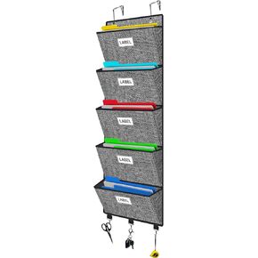 homyfort Over the Door File Organizer, Hanging Wall File Folders Organizer with 5 Large Pocket for Papers, Charts, Mails, Magazine, Office and Back To Supplies Storage and Organization (Black)