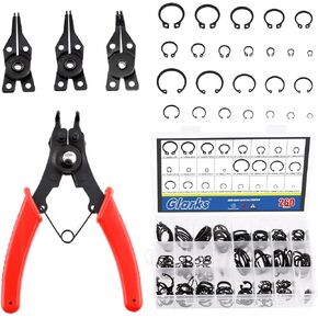 Glarks 261Pcs Snap Ring Pliers and Snap Ring Set, A Snap Ring Pliers with 4 Interchangeable Jaws and 260Pcs Internal External CirClips Assortment Kit for Axles, Shafts and Other Moving Parts