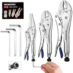 WORKPRO 3-Piece CR-V Locking Pliers Set, 6-1/2" Long Nose Locking Pliers, 7" and 10" Curved Jaw Locking Pliers, Fast Release with 3pc Hex Keys