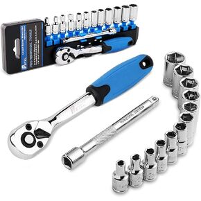 14 Pieces Socket Wrench Kit, 1/4" Drive Socket Set with 72 Teeth Release Ratchet Wrench and Extension Bar, CR-V Sockets
