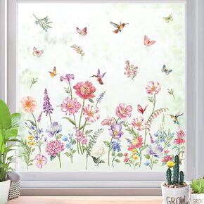 decalmile Spring Garden Flower Window Clings Double Sided Wildflower Butterflies Grass Easter Window Decals Anti-Collision Glass Window Doors Window Stickers Gifts for Her