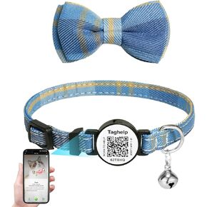 Cat Collar with Bells, Breakaway Cat Collars with Bow Tie, Girl Boy Safety Plaid Kitten Collars with QR ID Tag for Girl Boy for Cats,Modifiable Pet Online Profile and Emergency Contacts(Blue A)