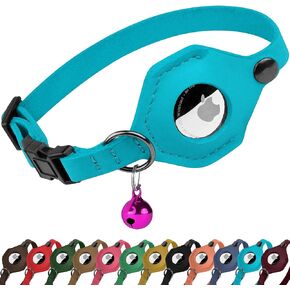Breakaway Leather Airtag Cat Collar with Bell - Soft Pet Collar with Apple Air Tag Holder - Adjustable GPS Collars for Girl Boy Cats Kitten Puppy - Lightweight and Cute (Blue)
