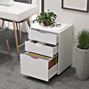 3 Drawers Storage Cabinet, Wooden Mobile Filing Cabinet for Mini Printer Stand, with Lockable Casters, for Home Office (3-Drawers, White)
