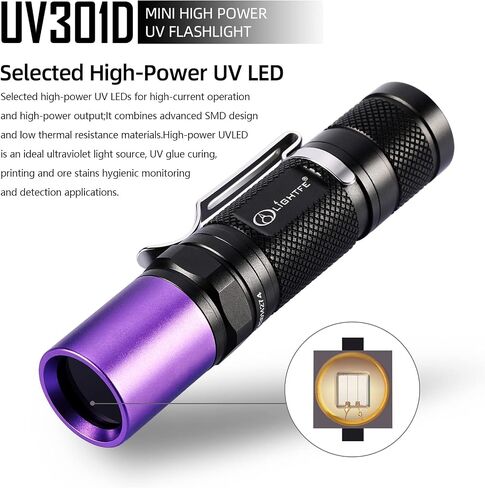 LIGHTFE UV301D High Power Mini UV Flashlight 365nm Black Light, Max 3000mW High Power, Suitable for Resin Glue Curing Lamp, Rock and Mineral Fluorescent Agent, Stain, Urine Detection in Saudi Arabia