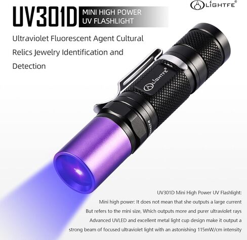 LIGHTFE UV301D High Power Mini UV Flashlight 365nm Black Light, Max 3000mW High Power, Suitable for Resin Glue Curing Lamp, Rock and Mineral Fluorescent Agent, Stain, Urine Detection in Saudi Arabia