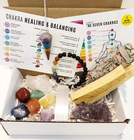 Pachamama Essentials Chakra Healing and Balancing Gift Set, Chakra Tumbled Stones, Lava Rock Bracelet, Pendulum, Selenite, Sage, Palo Santo. Meditation Chakra Kit in Saudi Arabia