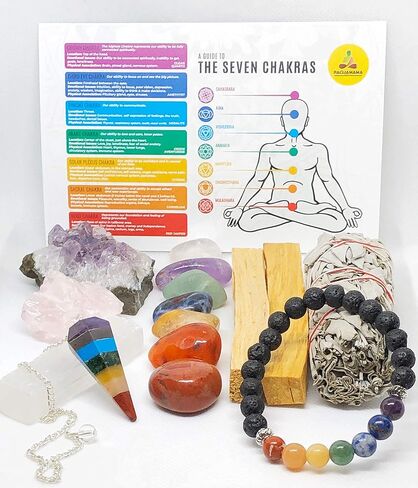 Pachamama Essentials Chakra Healing and Balancing Gift Set, Chakra Tumbled Stones, Lava Rock Bracelet, Pendulum, Selenite, Sage, Palo Santo. Meditation Chakra Kit in Saudi Arabia