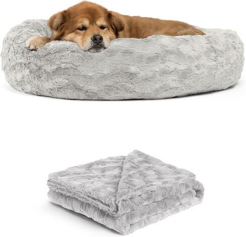 مجموعة Best Friends by Sheri Bundle Set سرير القطط والكلاب الأصلي Calming Lux Donut Cuddler + بطانية رمي الحيوانات الأليفة رمادي متوسط ​​30 بوصة in Kuwait