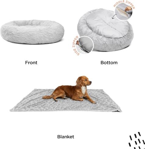 مجموعة Best Friends by Sheri Bundle Set سرير القطط والكلاب الأصلي Calming Lux Donut Cuddler + بطانية رمي الحيوانات الأليفة رمادي متوسط ​​30 بوصة in Kuwait