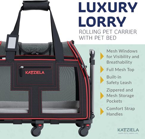 Airline Compliant Pet Carrier - Rolling Portable Travel Carry Crate for Small Dog, Puppy or Cat - Soft Removable Wheeled Design with Mesh Window Sides - Airplane and TSA Compliant- by Katziela in Kuwait