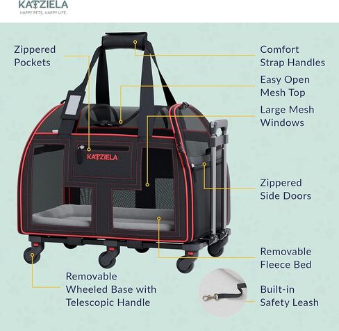 Airline Compliant Pet Carrier - Rolling Portable Travel Carry Crate for Small Dog, Puppy or Cat - Soft Removable Wheeled Design with Mesh Window Sides - Airplane and TSA Compliant- by Katziela in Kuwait