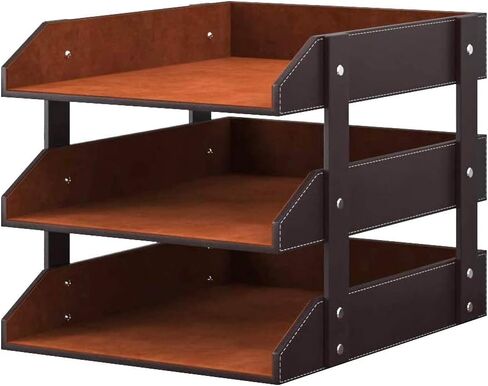 منظم مكتب جلدي، صينية مستندات قابلة للتكديس مكونة من 95 متجرًا مكونة من 3 طبقات، حامل مثالي لتنظيم سطح المكتب للملفات والمجلدات والقرطاسية والمجلات والصحف والبريد واللوازم المكتبية (بني) in Kuwait