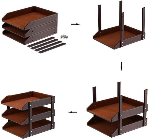 منظم مكتب جلدي، صينية مستندات قابلة للتكديس مكونة من 95 متجرًا مكونة من 3 طبقات، حامل مثالي لتنظيم سطح المكتب للملفات والمجلدات والقرطاسية والمجلات والصحف والبريد واللوازم المكتبية (بني) in Kuwait
