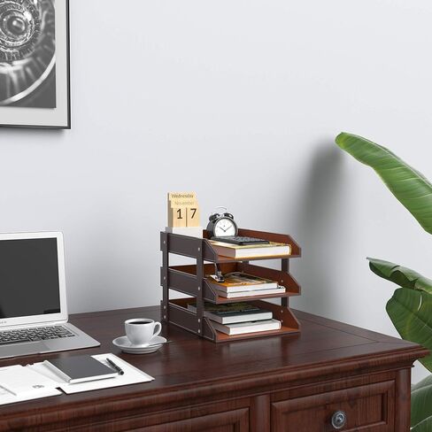 منظم مكتب جلدي، صينية مستندات قابلة للتكديس مكونة من 95 متجرًا مكونة من 3 طبقات، حامل مثالي لتنظيم سطح المكتب للملفات والمجلدات والقرطاسية والمجلات والصحف والبريد واللوازم المكتبية (بني) in Kuwait