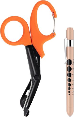 ضوء قلم للممرضات والمقص الطبي، مصابيح LED مع مقياس للتلميذ، مقص ضمادة 7.5 بوصة مقص EMT مع حلقة تسلق للطبيب والممرضات وطلاب التمريض (مقص بني + قلم ذهبي وردي) in Kuwait