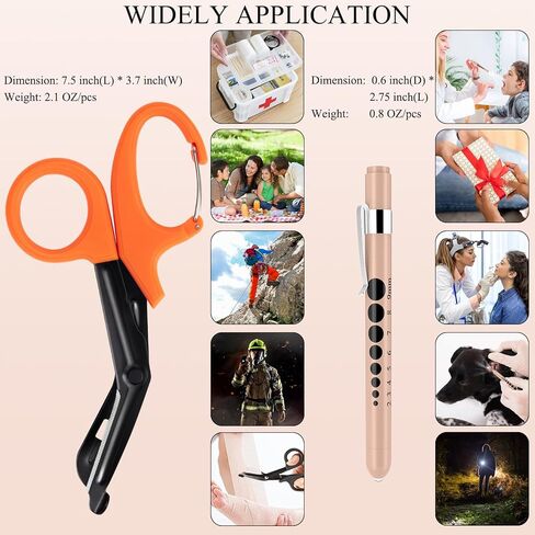 ضوء قلم للممرضات والمقص الطبي، مصابيح LED مع مقياس للتلميذ، مقص ضمادة 7.5 بوصة مقص EMT مع حلقة تسلق للطبيب والممرضات وطلاب التمريض (مقص بني + قلم ذهبي وردي) in Kuwait