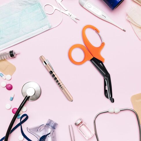 ضوء قلم للممرضات والمقص الطبي، مصابيح LED مع مقياس للتلميذ، مقص ضمادة 7.5 بوصة مقص EMT مع حلقة تسلق للطبيب والممرضات وطلاب التمريض (مقص بني + قلم ذهبي وردي) in Kuwait