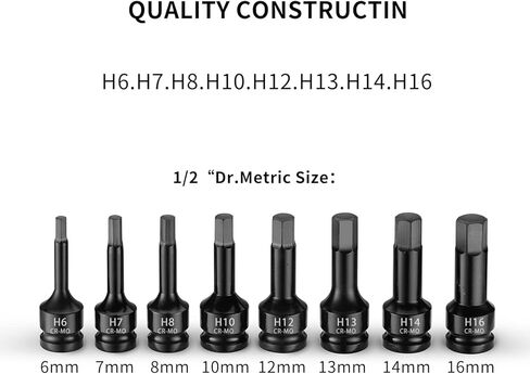 مجموعة لقم سداسية لتأثير المحرك 1/2 بوصة، مفك سداسي، SAE/متري، 6 مم - 16 مم، فولاذ Cr-Mo، درجة التأثير، بناء من قطعة واحدة، 8 قطع، مقبس ألين 1/2 بوصة in Kuwait