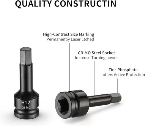 مجموعة لقم سداسية لتأثير المحرك 1/2 بوصة، مفك سداسي، SAE/متري، 6 مم - 16 مم، فولاذ Cr-Mo، درجة التأثير، بناء من قطعة واحدة، 8 قطع، مقبس ألين 1/2 بوصة in Kuwait
