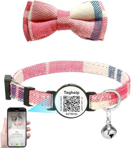 Cat Collar with Bells, Breakaway Cat Collars with Bow Tie, Girl Boy Safety Plaid Kitten Collars with QR ID Tag for Girl Boy for Cats,Modifiable Pet Online Profile and Emergency Contacts(Blue A) in Saudi Arabia