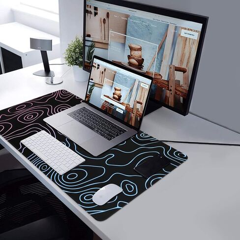 iLeadon Large Gaming Mouse Pad, Non-Slip Rubber Base Water-Resistant Mousepad Desk Mat for Computer Keyboard, 35.4" x 15.75" Extended Desk Pad with Stitched Edges for Office Gaming, Contour Line-White in Kuwait