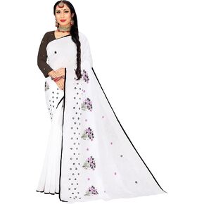 Women's Cotton Saree For Ethnic Wear, Flower Embroidery Traditional Wear For Party with Unstitched Blouse in Kuwait