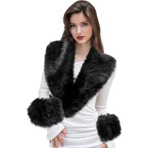 Winter Faux Fur Collar Cuffs Set Black Fluffy Collar Scarf Fake Wrist Cuffs Winter Neck Shawl Warmer for Women in Saudi Arabia