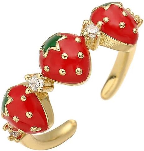 Cute Strawberry Rings for Women - Gold Plated Enamel Fruit Jewelry, Adjustable Open Band with Flower/Star Accents, Dainty Summer Trendy Rings in Saudi Arabia