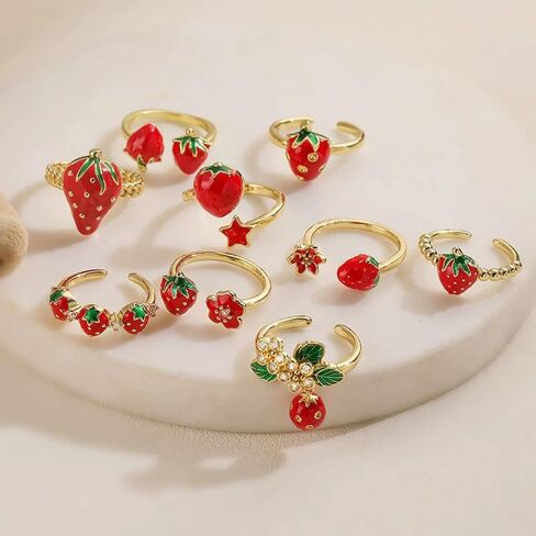 Cute Strawberry Rings for Women - Gold Plated Enamel Fruit Jewelry, Adjustable Open Band with Flower/Star Accents, Dainty Summer Trendy Rings in Saudi Arabia