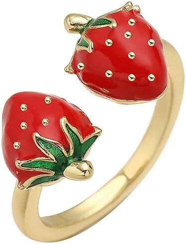 Cute Strawberry Rings for Women - Gold Plated Enamel Fruit Jewelry, Adjustable Open Band with Flower/Star Accents, Dainty Summer Trendy Rings in Saudi Arabia