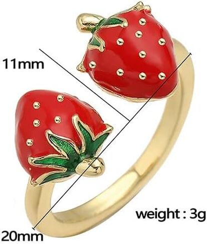 Cute Strawberry Rings for Women - Gold Plated Enamel Fruit Jewelry, Adjustable Open Band with Flower/Star Accents, Dainty Summer Trendy Rings in Saudi Arabia