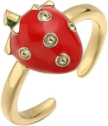 Cute Strawberry Rings for Women - Gold Plated Enamel Fruit Jewelry, Adjustable Open Band with Flower/Star Accents, Dainty Summer Trendy Rings in Saudi Arabia