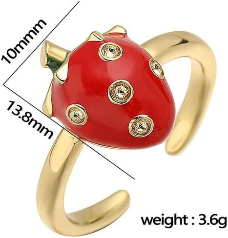 Cute Strawberry Rings for Women - Gold Plated Enamel Fruit Jewelry, Adjustable Open Band with Flower/Star Accents, Dainty Summer Trendy Rings in Saudi Arabia