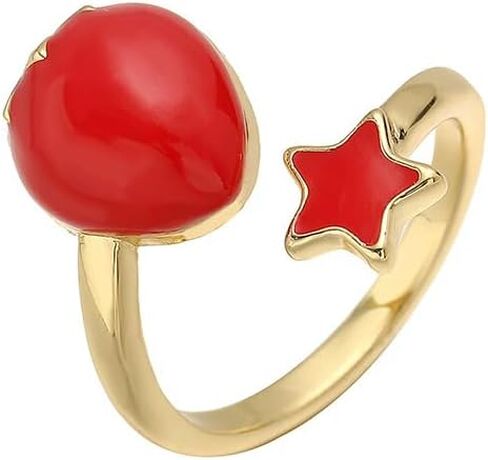 Cute Strawberry Rings for Women - Gold Plated Enamel Fruit Jewelry, Adjustable Open Band with Flower/Star Accents, Dainty Summer Trendy Rings in Saudi Arabia