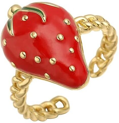 Cute Strawberry Rings for Women - Gold Plated Enamel Fruit Jewelry, Adjustable Open Band with Flower/Star Accents, Dainty Summer Trendy Rings in Saudi Arabia