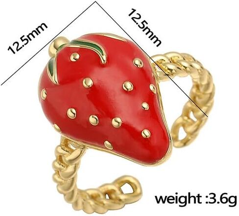 Cute Strawberry Rings for Women - Gold Plated Enamel Fruit Jewelry, Adjustable Open Band with Flower/Star Accents, Dainty Summer Trendy Rings in Saudi Arabia
