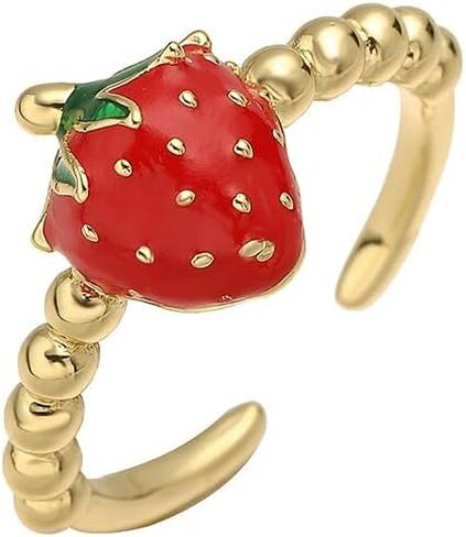 Cute Strawberry Rings for Women - Gold Plated Enamel Fruit Jewelry, Adjustable Open Band with Flower/Star Accents, Dainty Summer Trendy Rings in Saudi Arabia