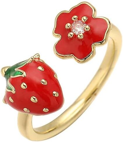 Cute Strawberry Rings for Women - Gold Plated Enamel Fruit Jewelry, Adjustable Open Band with Flower/Star Accents, Dainty Summer Trendy Rings in Saudi Arabia