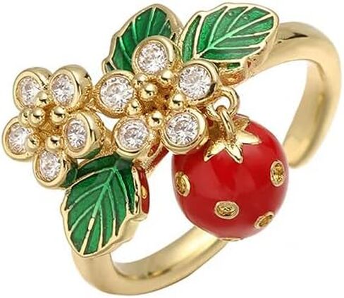 Cute Strawberry Rings for Women - Gold Plated Enamel Fruit Jewelry, Adjustable Open Band with Flower/Star Accents, Dainty Summer Trendy Rings in Saudi Arabia