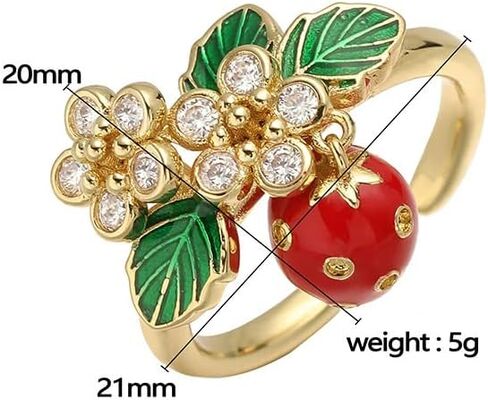 Cute Strawberry Rings for Women - Gold Plated Enamel Fruit Jewelry, Adjustable Open Band with Flower/Star Accents, Dainty Summer Trendy Rings in Saudi Arabia