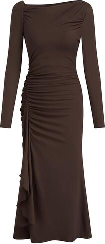 CIDER Women's Long Sleeve Maxi Dress Asymmetrical Ruffle Hem Bodycon Evening Party Dress in Saudi Arabia