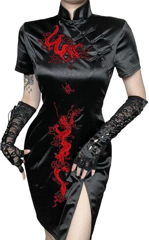 TSMNZMU Cheongsam Dress for Women Gothic Asian Sexy Midi Dress with Dragon Print in Kuwait