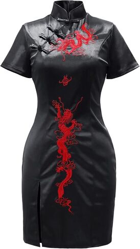 TSMNZMU Cheongsam Dress for Women Gothic Asian Sexy Midi Dress with Dragon Print in Kuwait