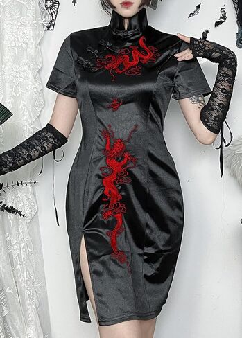 TSMNZMU Cheongsam Dress for Women Gothic Asian Sexy Midi Dress with Dragon Print in Kuwait